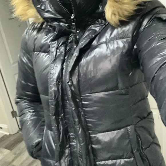 Women's Black Bomber Jacket with Faux Fur Hood - Picture 7 of 7